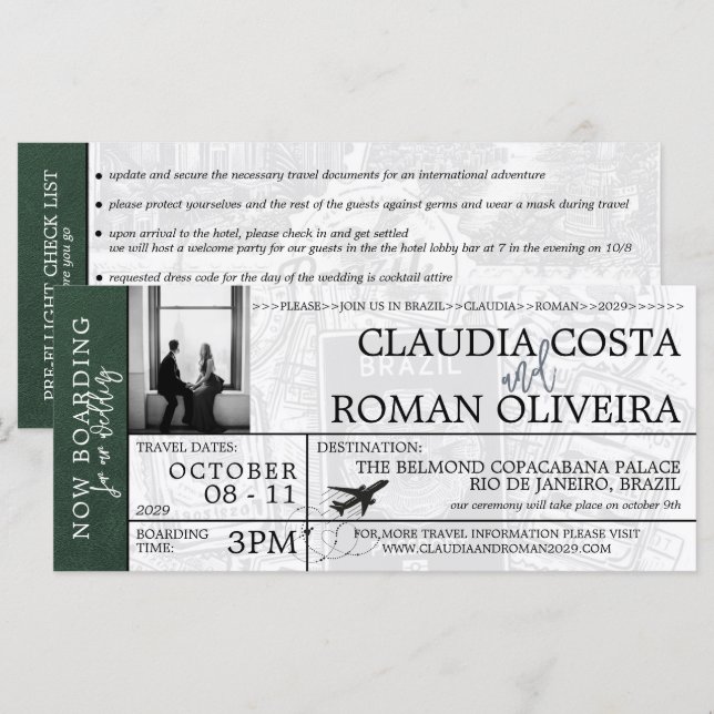 Green Brazil Mariage Boarding Pass Invitation (Devant / Derrière)