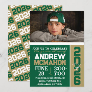 Green & Bronze Gold Graduation Photo Invitation