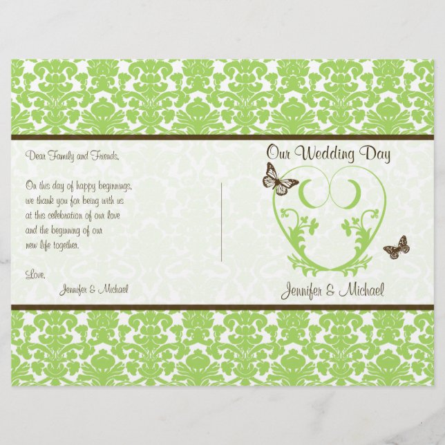 Green Brown Damask Heart Butterfly Wedding Program (Devant)