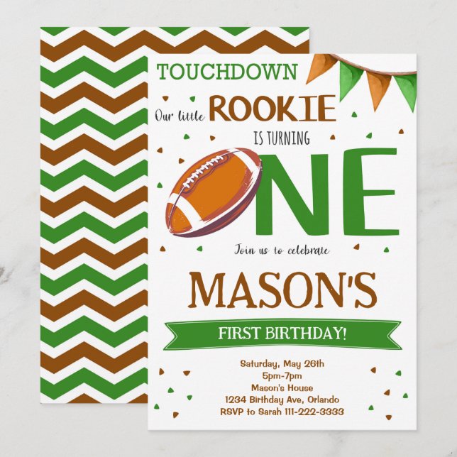 Green Brown Football 1er anniversaire Invitation (Devant / Derrière)