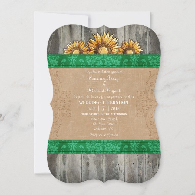 Green Brown Rustic Sunflower Mariage Invitation (Devant)