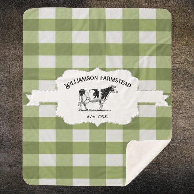 Green Buffalo Plaid Farm Cow Sherpa Blanche (Green Buffalo Plaid Farm Cow Personalized Sherpa Blanket)