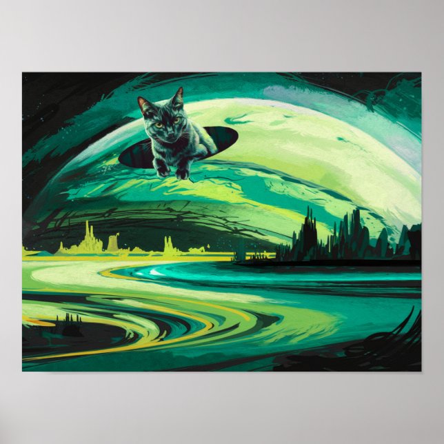Green Cat Weird Planet Wormhole Poster Imprimer Ar (Devant)