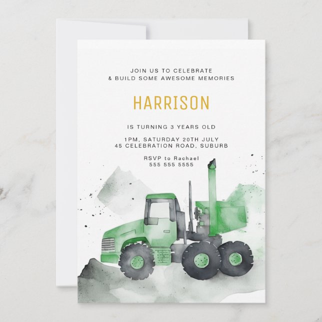 Green Cement Camion Invitation Anniversaire (Devant)