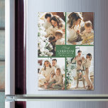 Green Christmas 4 Photo Collage Cartes magnétiques<br><div class="desc">Ces cartes de fin de année magnétiques présentent vos photos préférées et sont personnalisés avec votre nom de famille et l'accueil Joyeux Noël et Bonne Année en lettrage chic sur vert. PLUS de designs et de couleurs dans notre collection.</div>