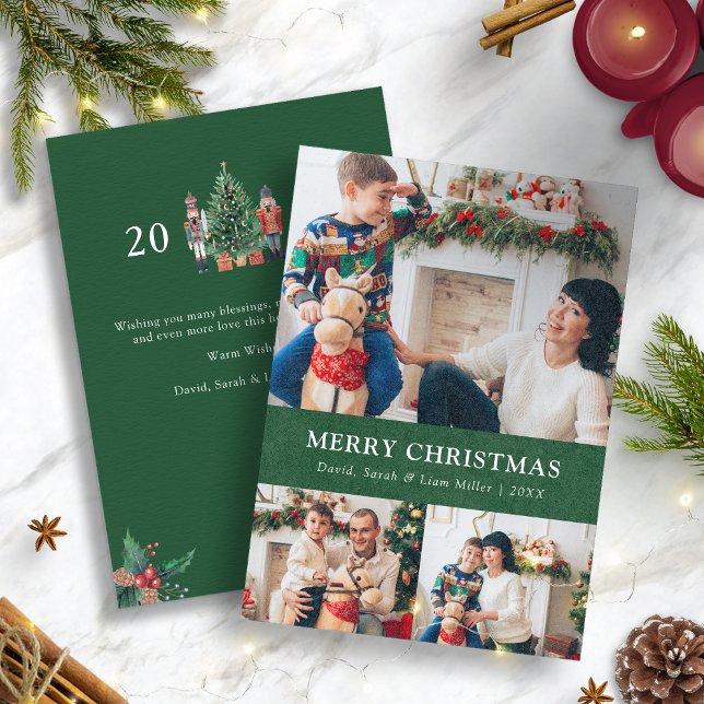 Green Christmas Photo Collage Carte de vacances (Nutcracker Green Christmas Photo Collage Holiday Card)