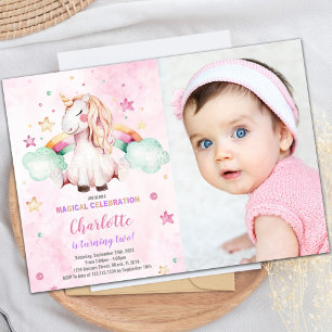Green Cloud Rainbow Unicorn Invitation avec photo