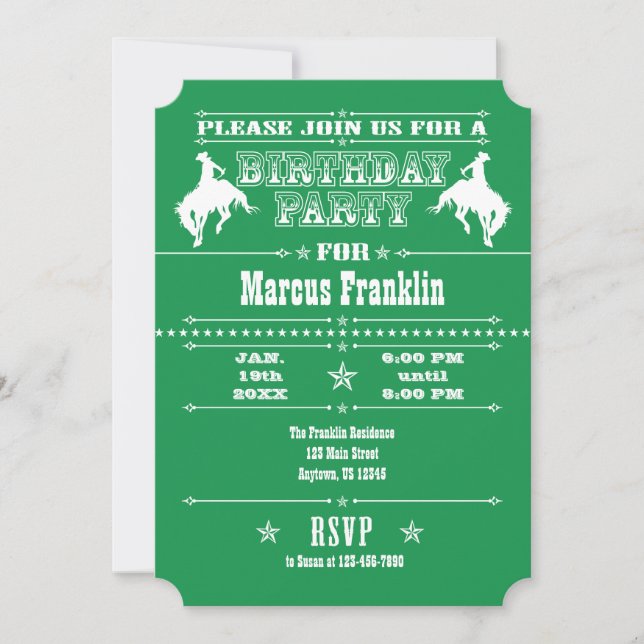 Green Cowboy Rodeo Anniversaire Fête Invitation (Devant)
