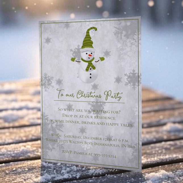 Green Cute Snowman Fête de Noël Invitation (Green Cute Snowman Christmas Party Invitation)