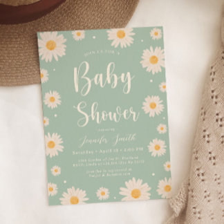 Green Daisy Floral Girl Baby shower Invitation