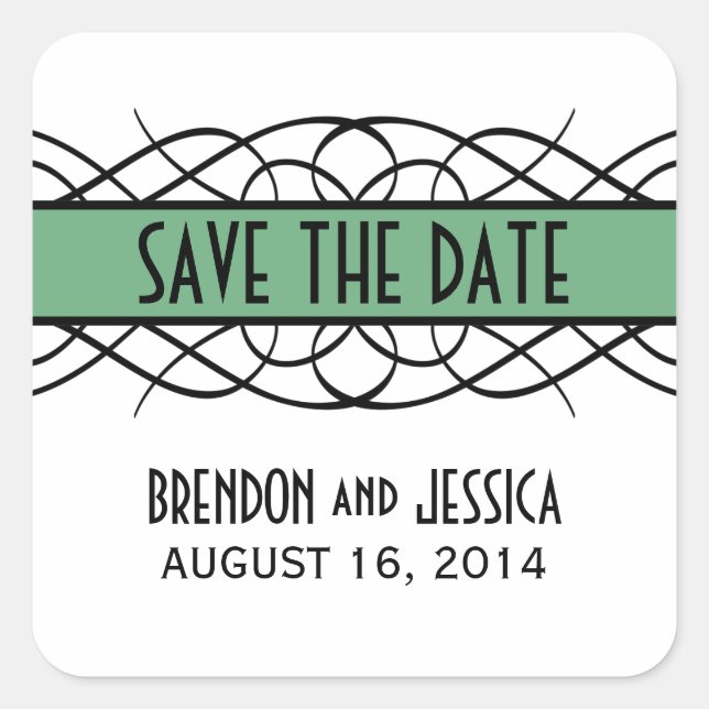 Green Deco Flourish Save the Date Stickers (Devant)
