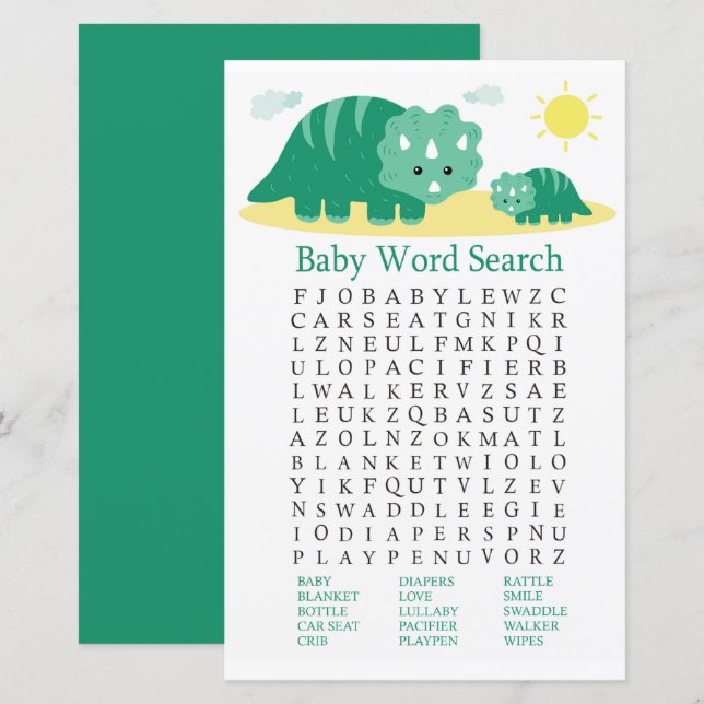 Green Dino Baby shower Word Search Jeu (Devant / Derrière)