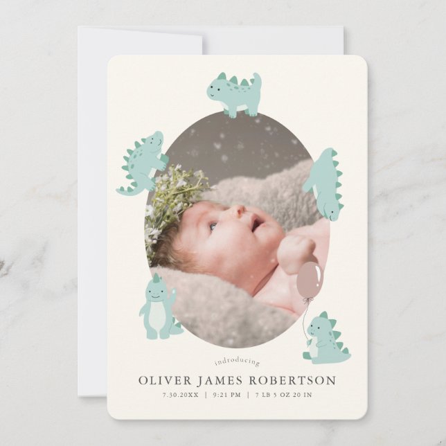 Green Dinosaur Boy Photo Faire-part de naissance (Devant)