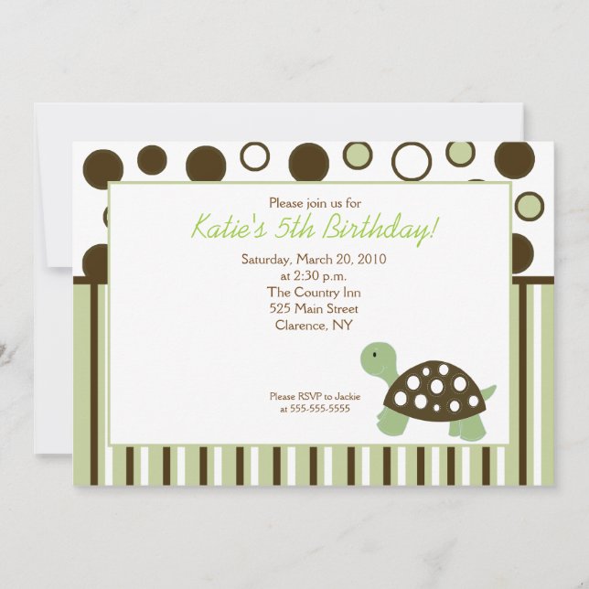 Green Dot Turtle Moderne 5x7 Invitation d'annivers (Devant)