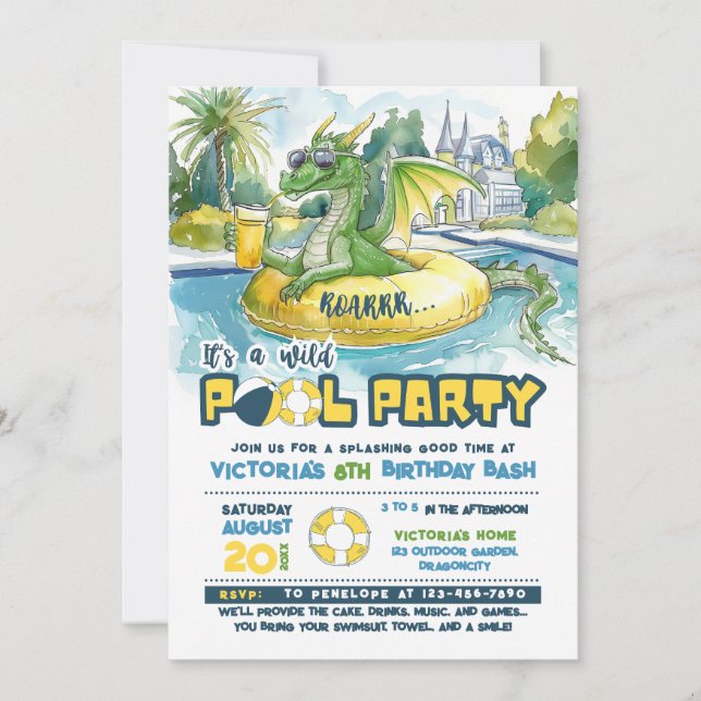Green Dragon Pool Party Anniversaire Invitation (Devant)