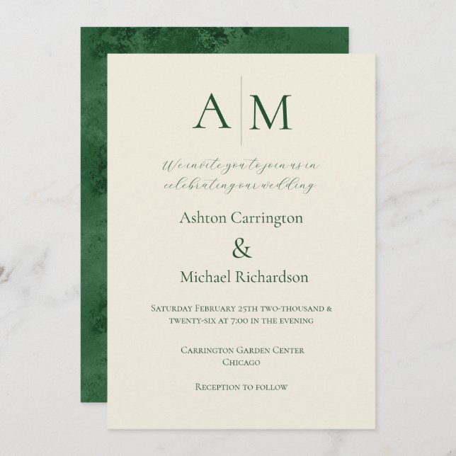 Green Ecru Monogramme Faire-part de mariage modern (Devant / Derrière)