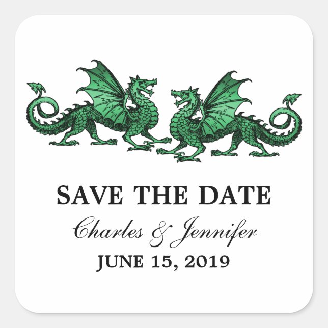 Green Elegant Dragons Save the Date Stickers (Devant)