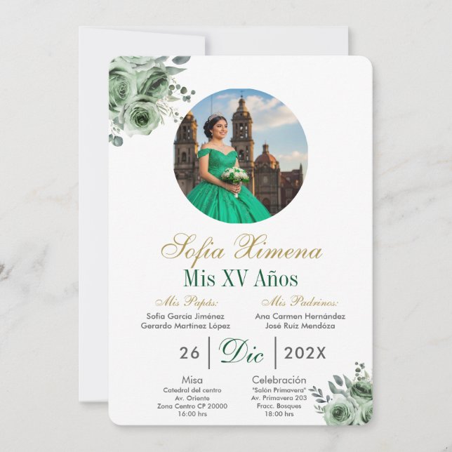 Green elegant dress Quinceañera Invitation (Devant)