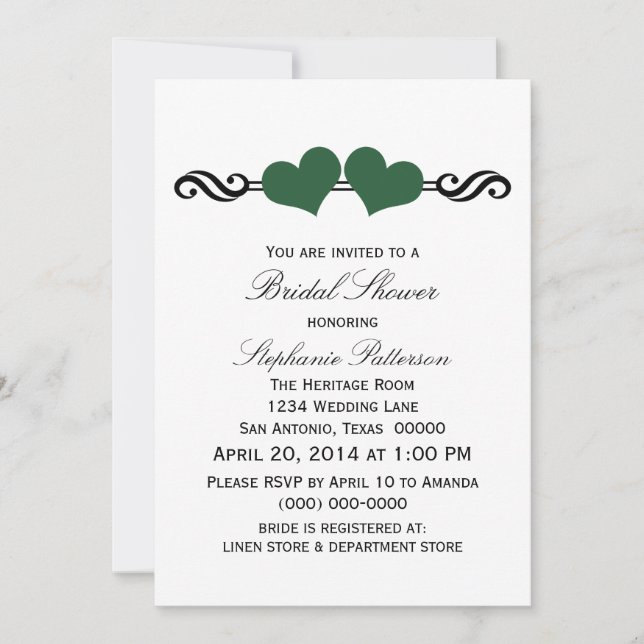 Green Elegant Hearts Fête des mariées Invitation (Devant)