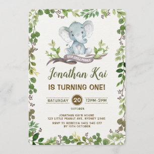Green Elephant 1er anniversaire Invitation Rustic