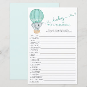 Green Elephant Baby shower Word Scramble Jeu