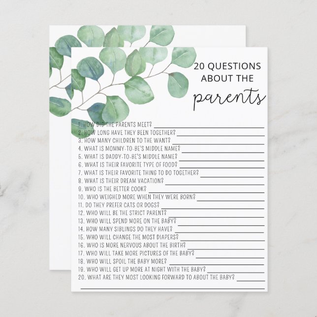 Green Eucalyptus 20 Questions sur les parents (Devant / Derrière)