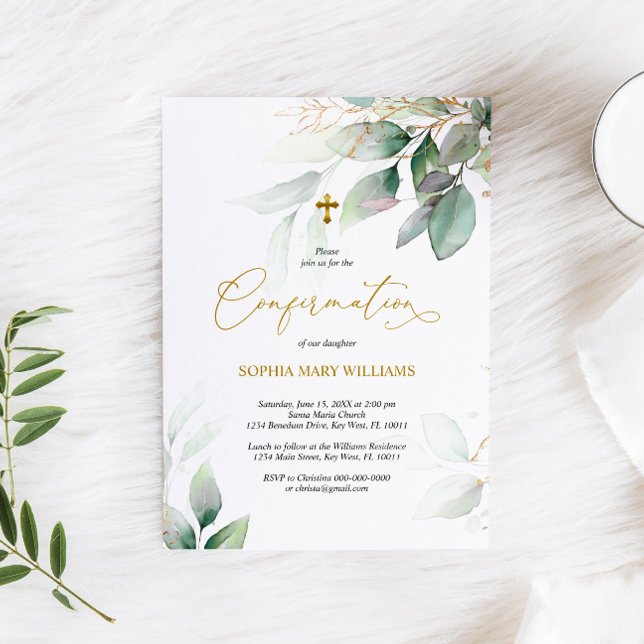Green Eucalyptus & Gold Confirmation Invitation (Créateur téléchargé)
