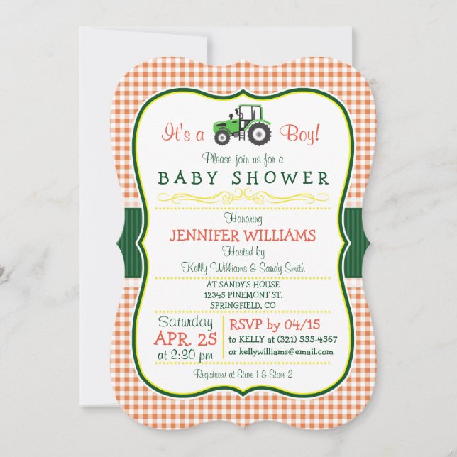 Green Farm Tractor Boy Baby shower Invitation (Devant)