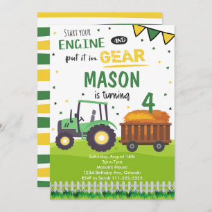 Green Farm Tractor Invitation d'anniversaire