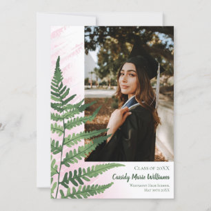 Green Fern Elegant Pink Graduation Faire-part