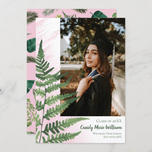 Green Fern Elegant Pink Graduation Faire-part