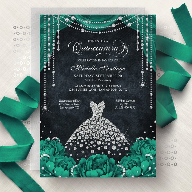 Green Floral Diamond Quinceanera Invitation (Créateur téléchargé)