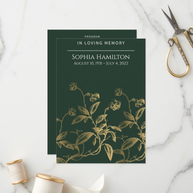 Green Floral Funeral Memorial Programme (Devant/Arrière en situation)