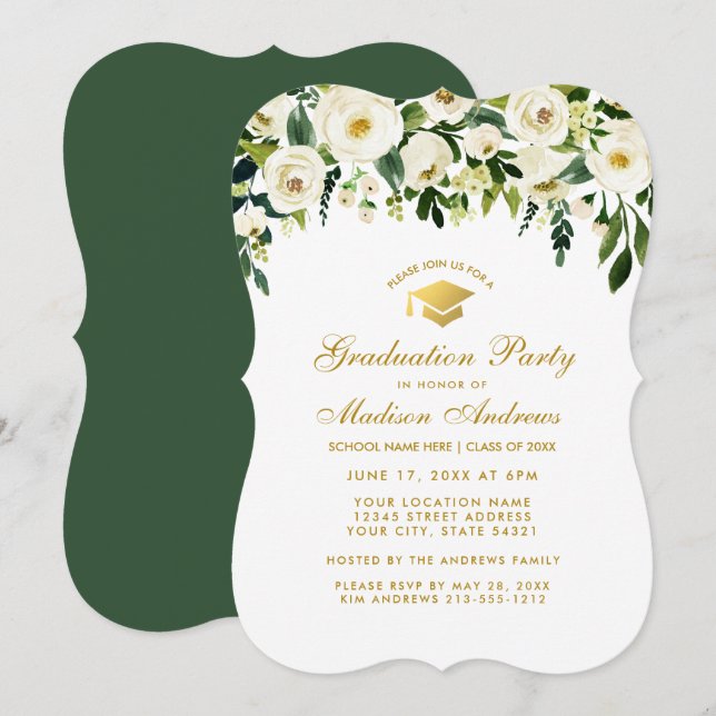 Green Floral Gold Graduation Party Invitation G (Devant / Derrière)