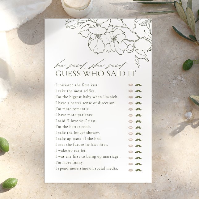 Green floral Il a dit Elle a dit jeu de douche nup (Green floral He said She said bridal shower game)