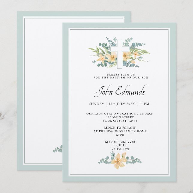 Green Floral Watercolor Baptism Invitation (Devant / Derrière)