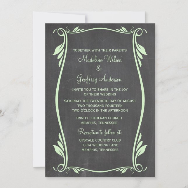 Green Flourish Chalkboard Mariage Invitation (Devant)
