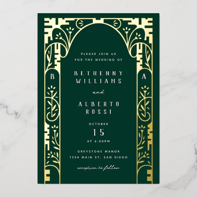 Green Foil Art Nouveau Arch Foil Invitation (Recto)