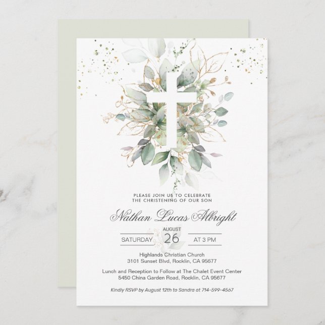 Green Foliage Cross Baby Christening Invitation (Devant / Derrière)