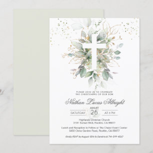 Green Foliage Cross Baby Christening Invitation