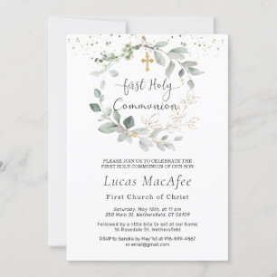 Green Foliage Cross First Communion Invitation
