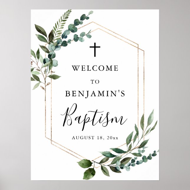 Green Foliage Gold Cross Baptism Welcome Poster (Devant)