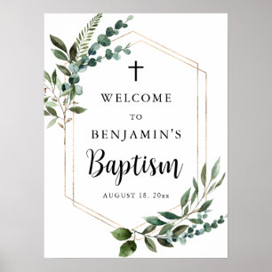 Green Foliage Gold Cross Baptism Welcome Poster