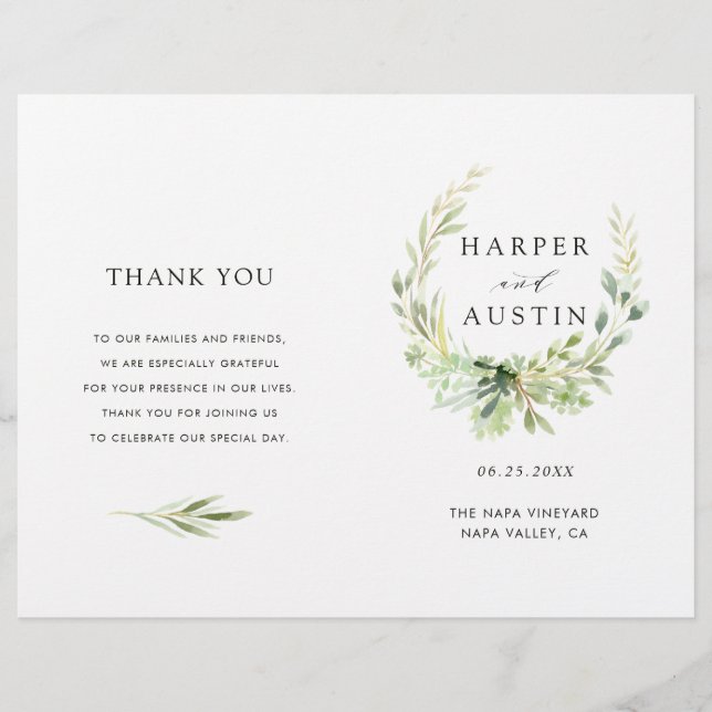 Green Foliage Wreath Programme de mariage plié (Devant)