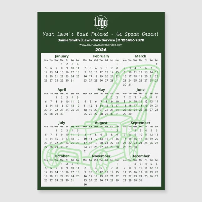 Green Garden Maintenance Magnetic 2026 Calendar (Devant)
