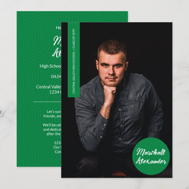Green Geometry Graduation Photo Invitation (Devant / Derrière)