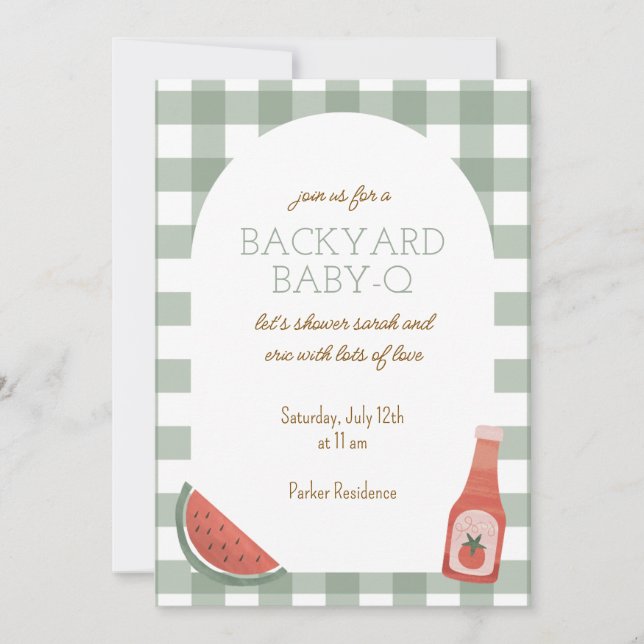 Green Gingham Baby-Q Baby Shower Invitation (Devant)