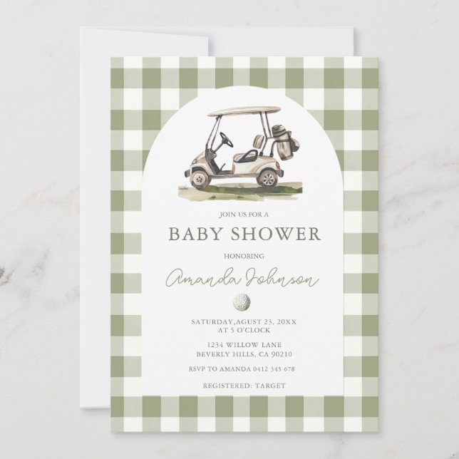 Green Gingham Golf Boy Baby Shower Invitation (Devant)