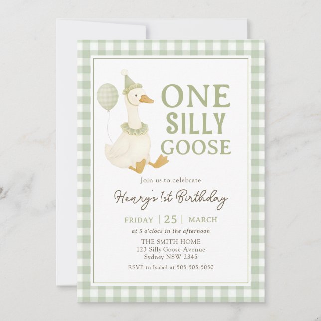 Green Gingham One Silly Goose Birthday Invitation (Devant)