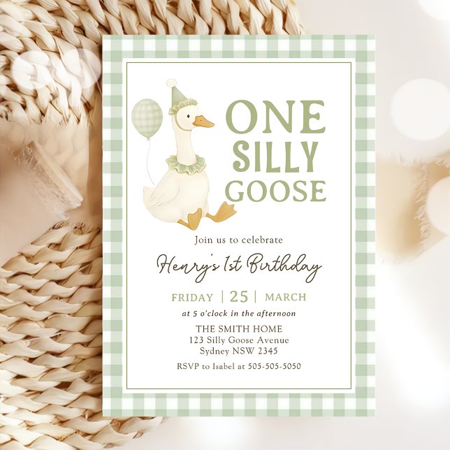 Green Gingham One Silly Goose Birthday Invitation (Créateur téléchargé)